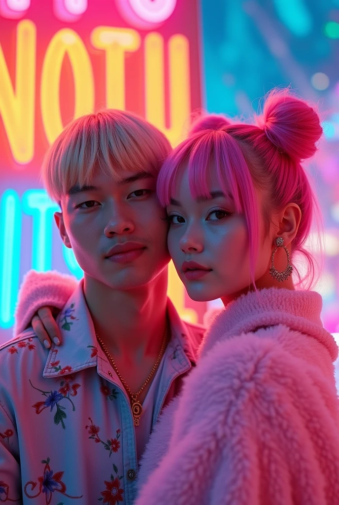 A layer of "IT'S NOT U IT'S ME" presents DJ Tyde West American male, hair blonde, bangs with shaved sides and friendly face, jacket and headphones, and Japanese singer Sakura Rina with pink hair in space buns. The vibrant and dynamic background, one side of the other