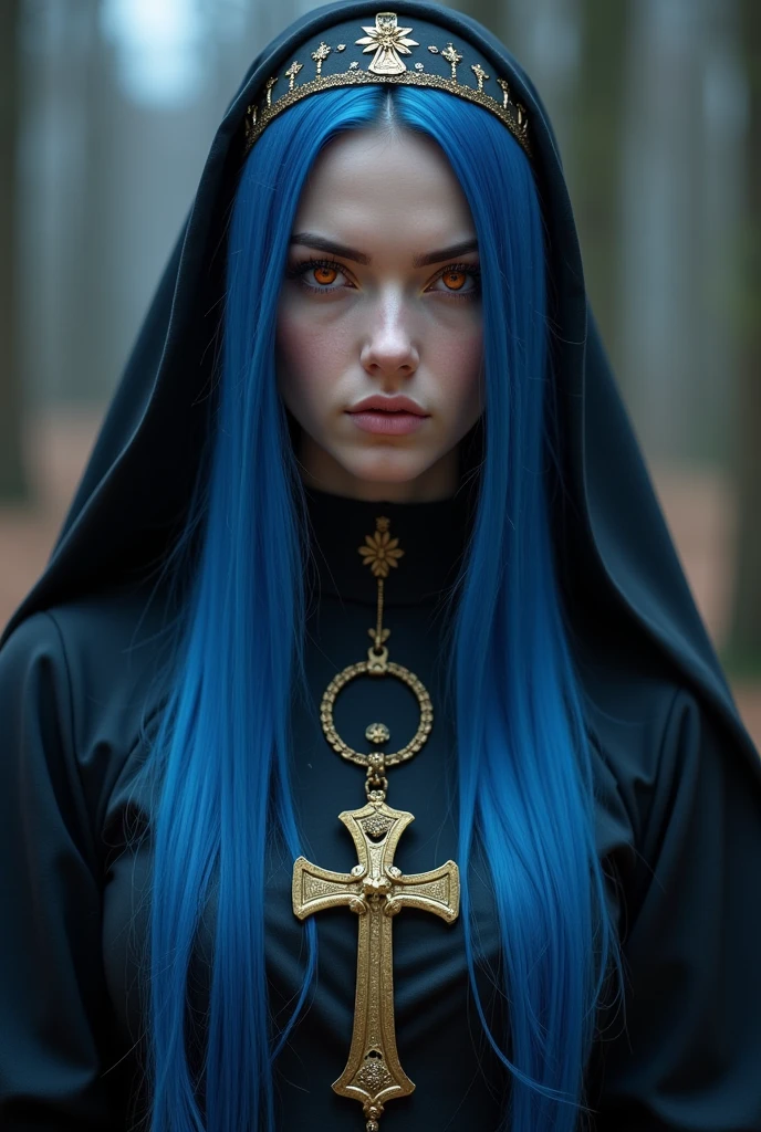 tmasterpiece，Best quality at best，A high resolution，8K，((Portrait))，(Head close-up)，Original photo，real photograph，digital photography，(A medieval fantasy woman)，(The nun in fantasy style)，25 years old woman，(Inky blue gradation of hair)，Long blue hair，red eyes，(Long hair with blue and gray gradient，blue)，(Big breasts)，An extravagant ornament，cparted lips，Keep your mouth shuegant and charming，((Frown))，Serious and arrogant，Calm and handsome，(Medieval nun costume，Cross，A complex pattern of clothing)，Photo pose，medieval characteredieval fantasy style，City background at night，oc render reflection texture