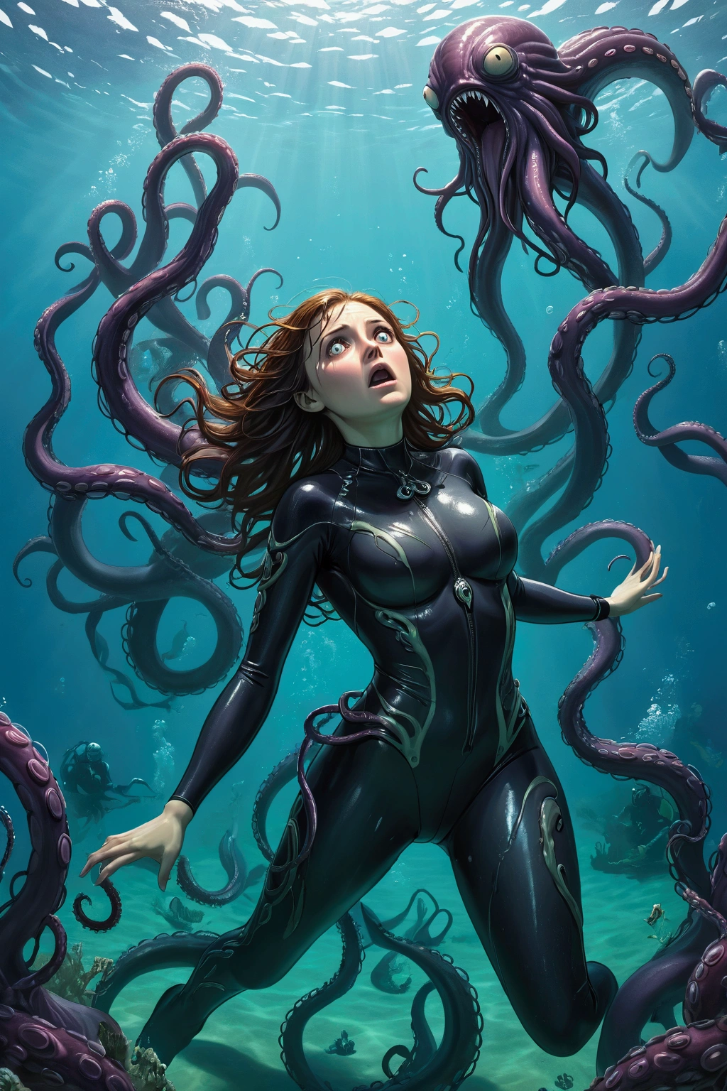 (high quality), (ultra quality), a woman wearing a tight wetsuit is attacked and bound by the tentacles of a giant sea monster, underwater, (under water), drowning, gasping for breath, suffocating, glossy wetsuit, horror, giant creature, scary monster, ((tentacle monster)), many tentacles, bondage, captive, stuck underwater, struggling, anxious, scared, terrified, perfect body, large breasts, deep under water, alien creature, lovecraftian horror, trapped