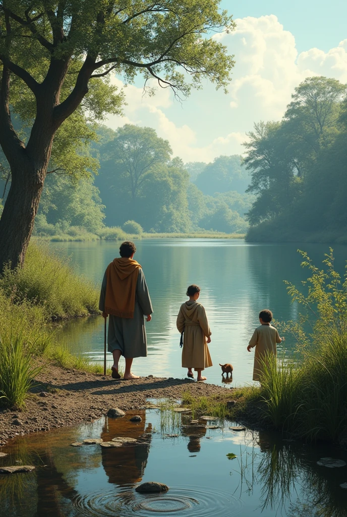Disciples walked near the pond some animals had walked across and the lake water was