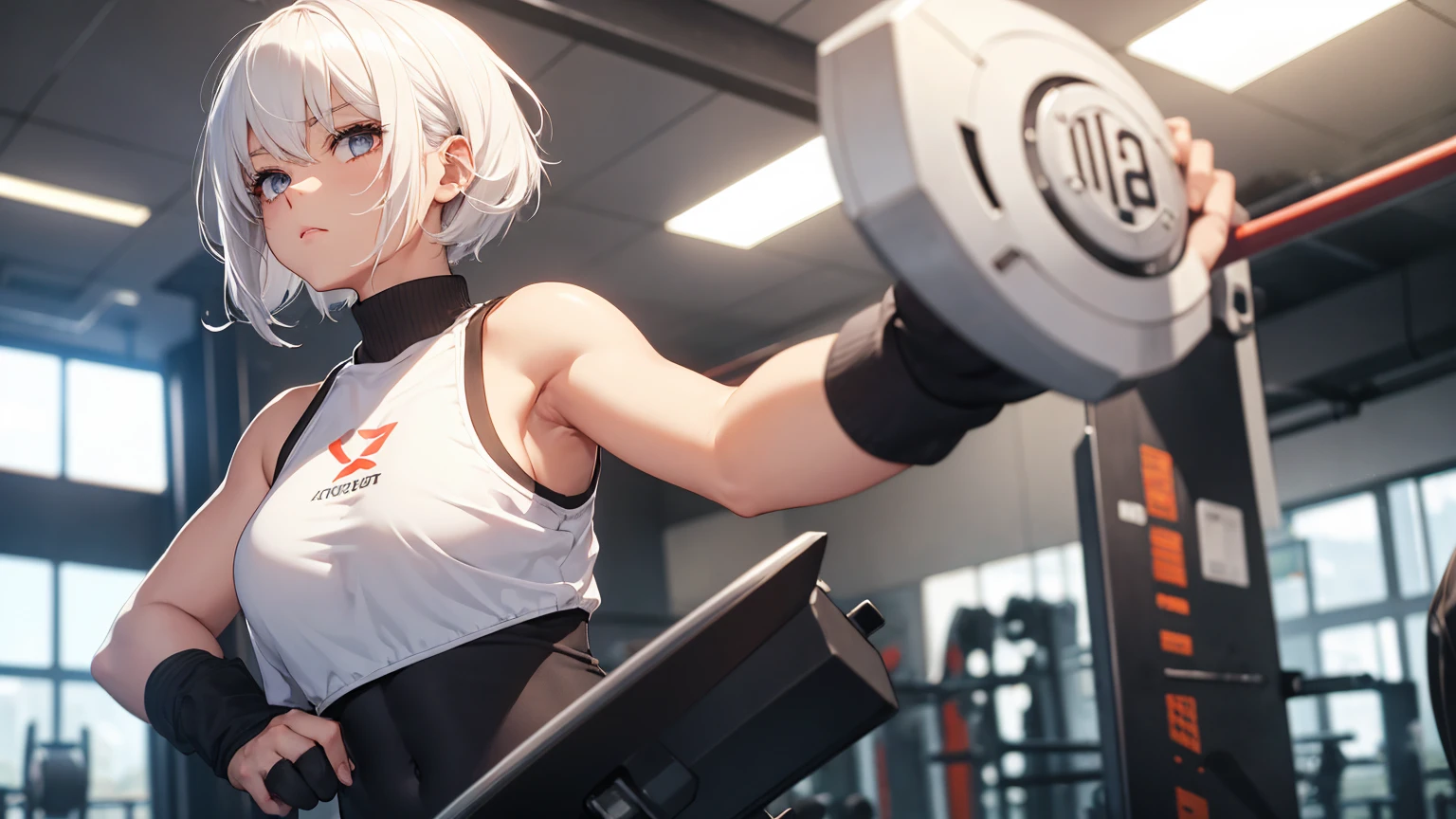 girl in gym, white hair, power
