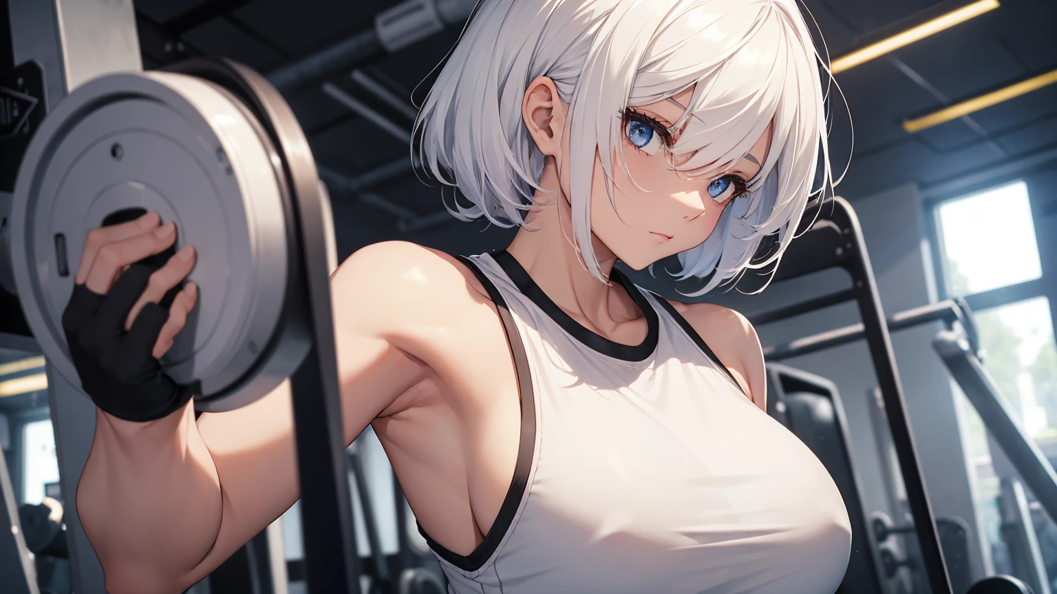 girl in gym, white hair, power