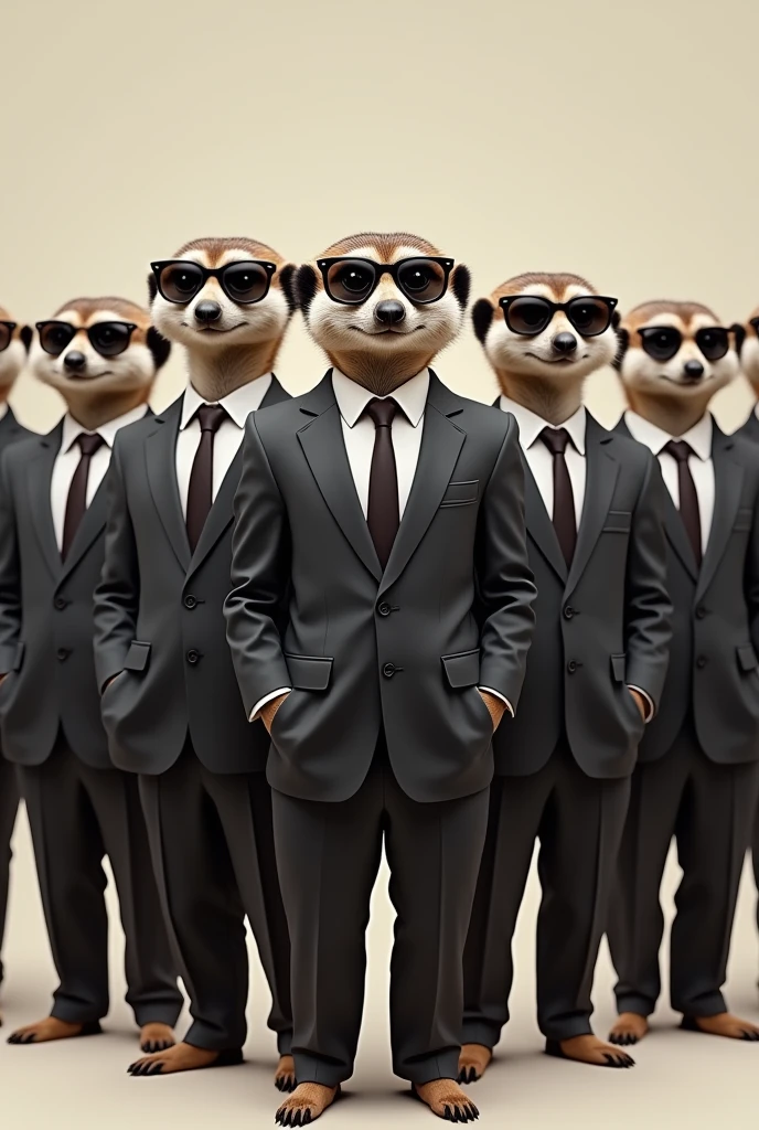 7 meerkats in suits and sunglasses