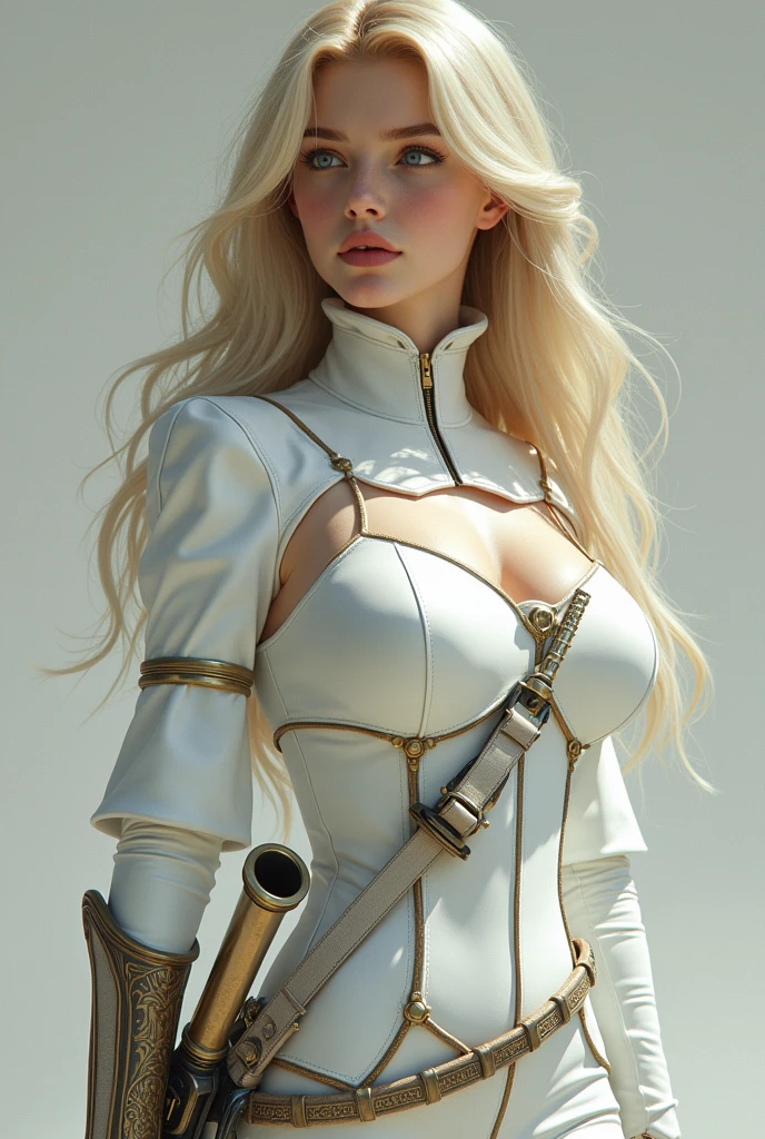(photorealism:1.2), beautiful girl, 19 years old, blond long hair, blue eyes, wearing a white corse, white girl, whit a sheathed rapier and a holstered automatic pistol, noble, cortesan, retro futurist