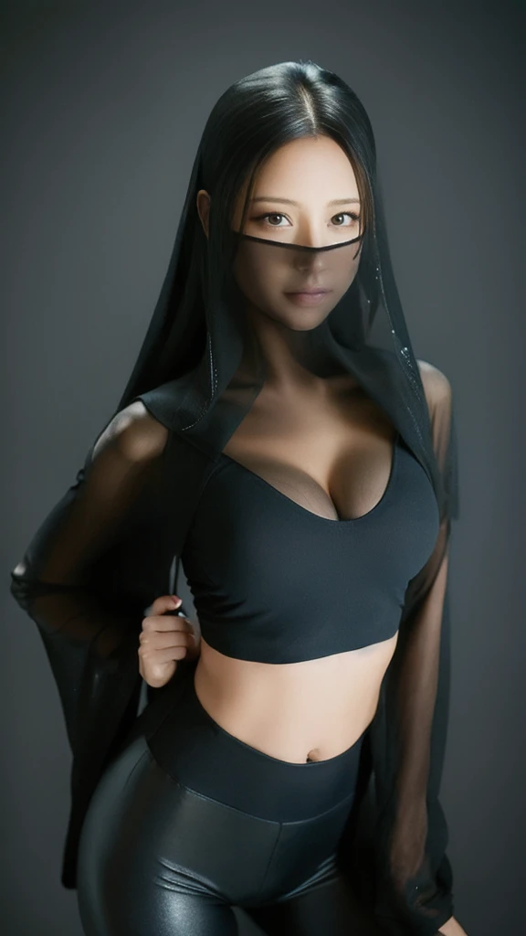 (lifelike, high - resolution:1.3),full body , 1 girl with a perfect body, Super fine face and eyes,slong hair, midriff of black colors:1.2, black shiny leggings,face veil, big boob,Expose cleavage, ninja pose.