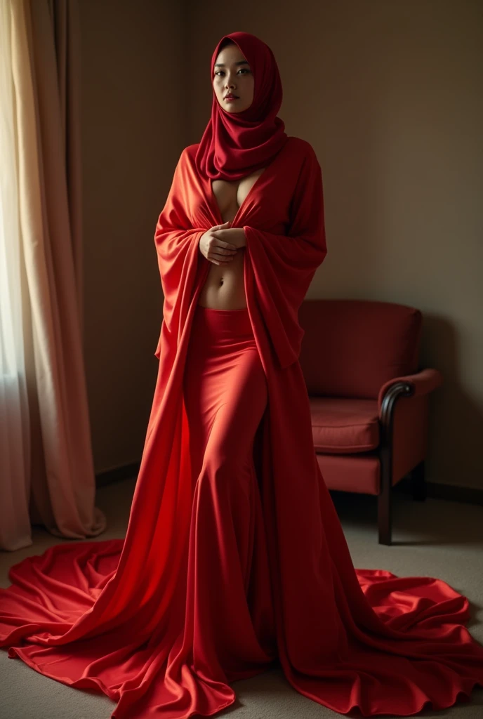 a sexy a woman covered in large red satin cloth, tied tightly with the satin cloth, mummified, the satin hanging down very long, a mermaid style dress, wearing a satin hijab, the satin cloth is very long, forming the curve of the body, flowy satin about 4 meter,full body,masterpice, 4k resolution, ultra-realistic, highly detail.