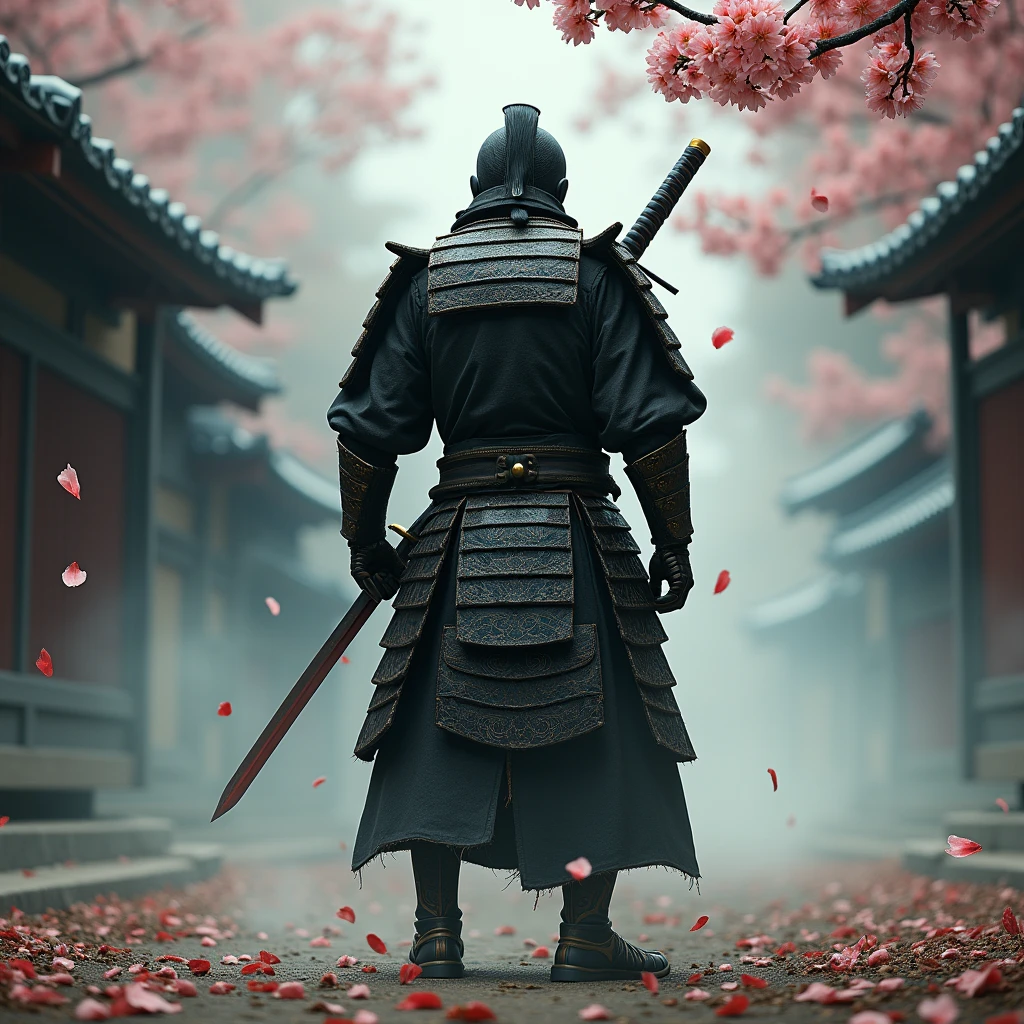 Create a detailed image of a Men Samurai warrior standing with his back to the viewer, looking over his shoulder. The Samurai wears intricate armor with a katana in his hand. The background features a dusty path, swirling smoke, and floating cherry blossom petals. The scene is dramatic and mysterious, highlighting the warrior's intense gaze and the texture of his armor,Wearing a full armor mask.
