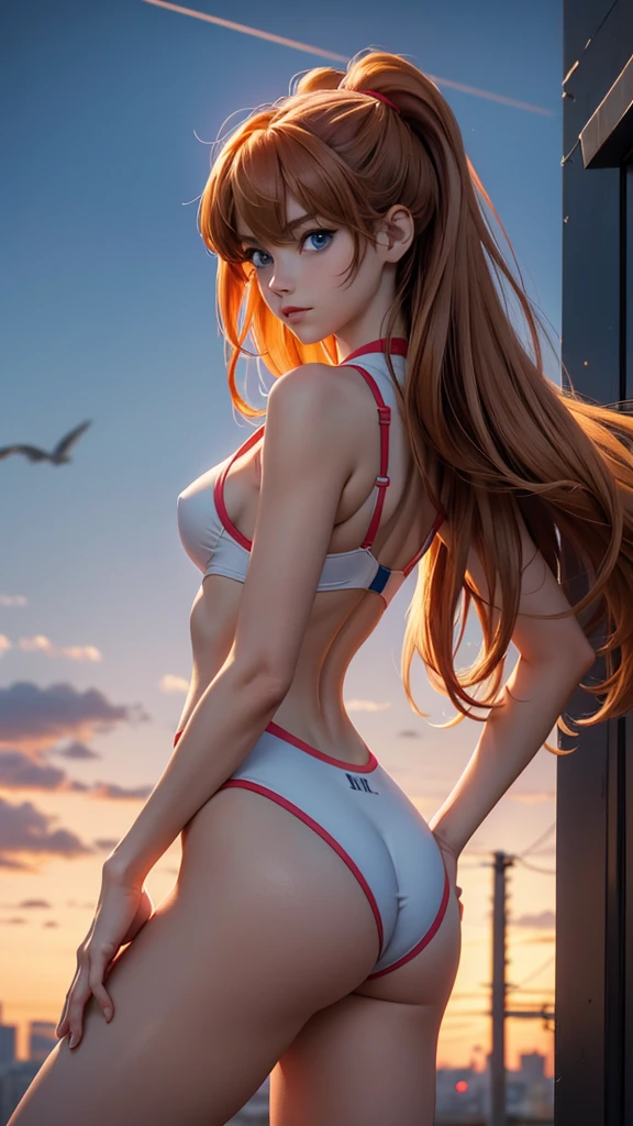 (masterpiece, best quality, detailed), Asuka Langley Soryu, neon genesis evangelion anime, sexy girl, nacionalidad alemana, poderosa, tiene su uniforme de la escuela, YOUNG, skynny body, small and beautiful buttocks, toned abdomen, small and beautiful breasts, obscene, sensual, malevolent, Eva 03 en el fondo, edificios in the background, dramatic background, nubes, ciudad de Tokyo 3, pose sensual, el cielo esta resplandeciente, el sol ilumina su belleza, sensual look, cuerpo completo, beautiful blue eyes, classic hairstyle,Hair dyed in bright red color, best quality,4k,8k,A high resolution,masterpiece,ultra detailed,Realistic, Photorealistic,photo realistic