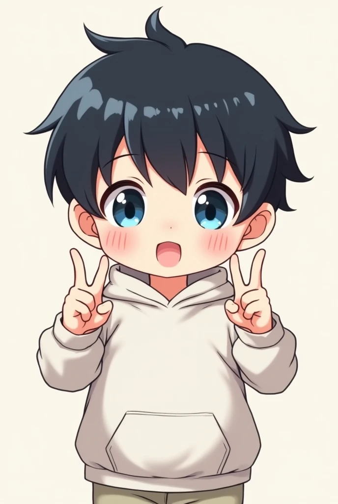 Black haired and blue eyed chibi anime boy wearing a white sweatshirt with his hands in a v shape 