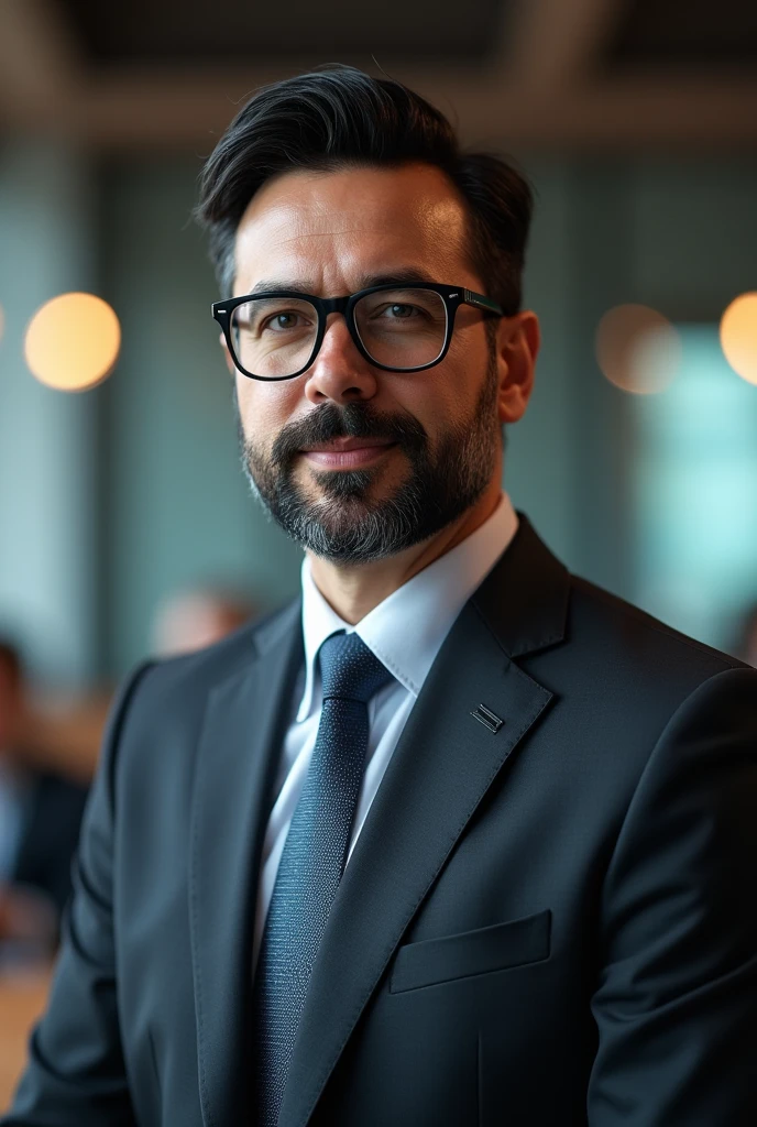 Create a technology teacher, with big ass, square model face, black square glasses, formal clothes and well-groomed beard ,with black hair