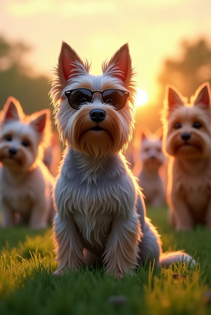 Silky terrier with correct coloring drawn wearing sunglasses at a dog show with other silky terriers with correct coloring and long coat length on a beautiful summer meadow at sunset
