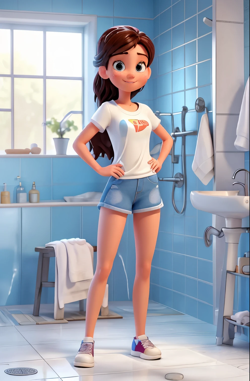 23 years old, sporty pixar mom, super high detail, super high quality, looking aroused, full body view, short in height, exposed figure, holding a white towel, standing in front of a shower, wet hair, wet skin, freckles, small perky , super high detail, super high quality, hot, open legs, shy smile
