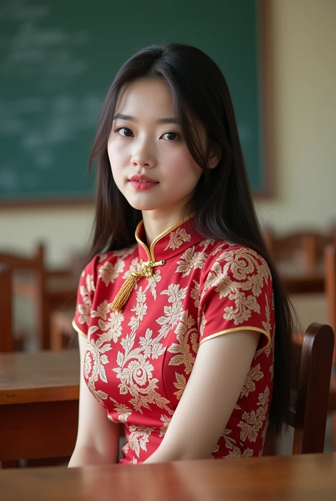 Vietnamese female student, sit in the classroom, wearing ao dai, very big ?????.