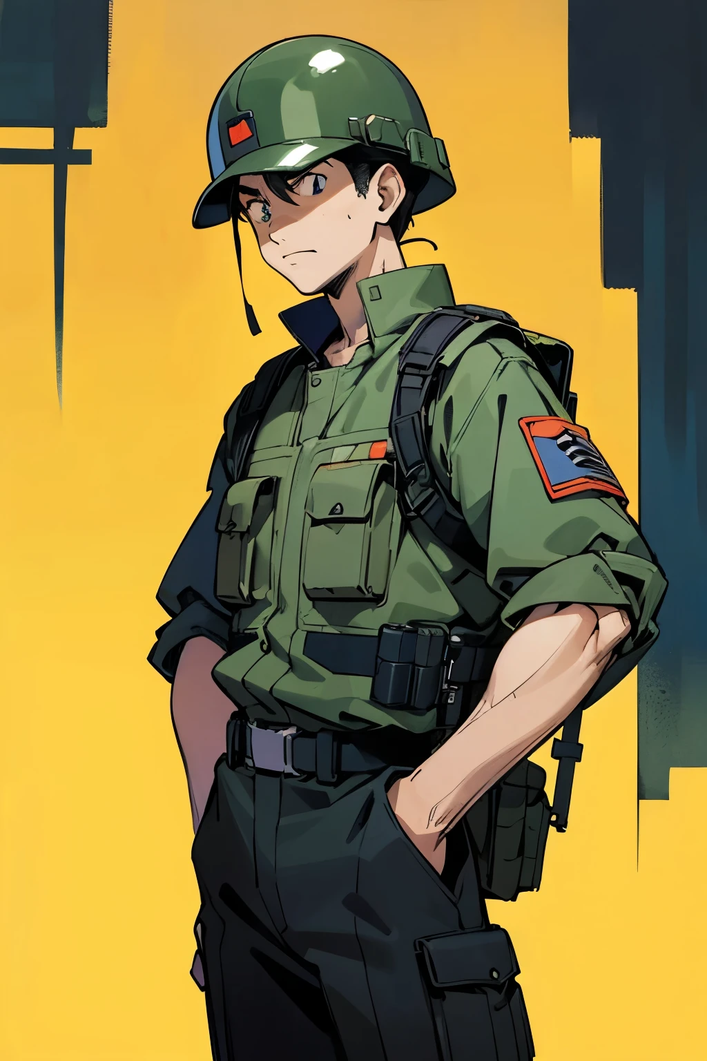 by Ken Sugimori, sugimori 1990s, ((only 1man)), adult, camoflauge uniform, backpacker, survivalist, bullet proof vest, scowling, helmet ((hands behind their back)), full black pupils, manga, best quality, highly detailed, clean lines, cowboy shot, good hands, good eyes, hd, 8k, professional, symmetrical, hires, 8k,