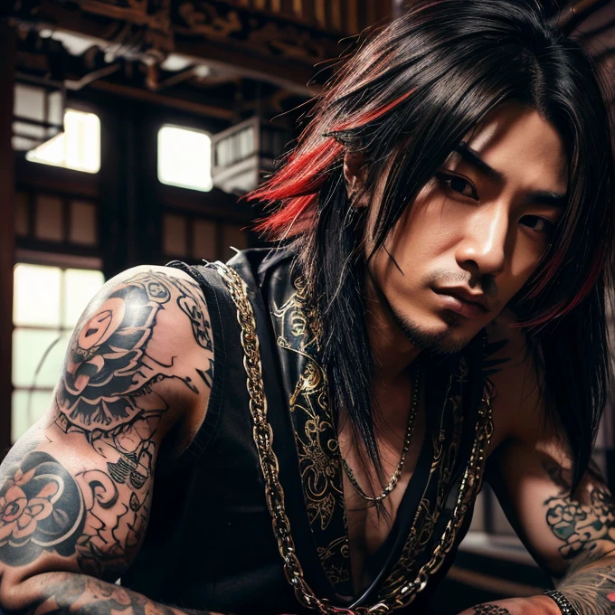 1 man, Japanese man, male, Asian eyes, muscular, broad shoulders, yakuza tattoos, hairstyle Visual Kei style, hair Visual Kei, black men's shirt and black pants, ultra detailed face, hyperrealistic, realistic representation, long hair, long hair, 30 years old, age 30 years, blonde hair
