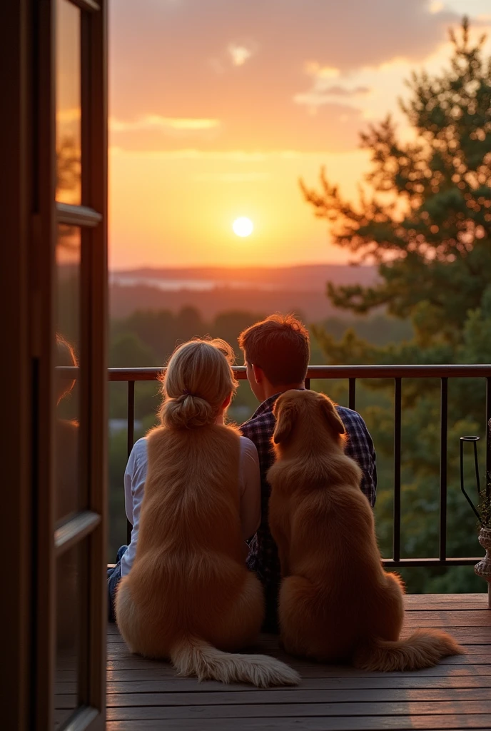 A couple sitting on balcony of house with golden retriever dog seeing sunset back view