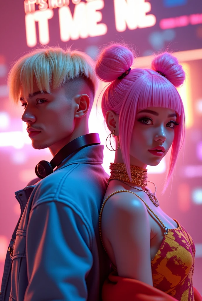 A layer of "IT'S NOT U IT'S ME" presents DJ Tyde West white American male, hair blonde, bangs with shaved sides and friendly face, jacket and headphones, and Japanese singer Sakura Rina with pink hair in space buns. The vibrant and dynamic background, back to back