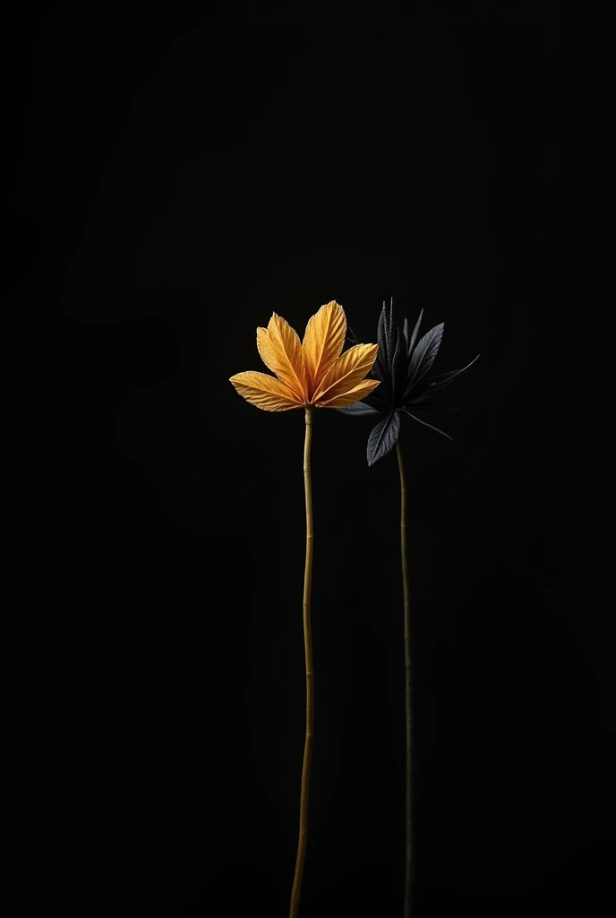 black background with two plant sprouts, one golden, the other black, luxury gingkobiloba