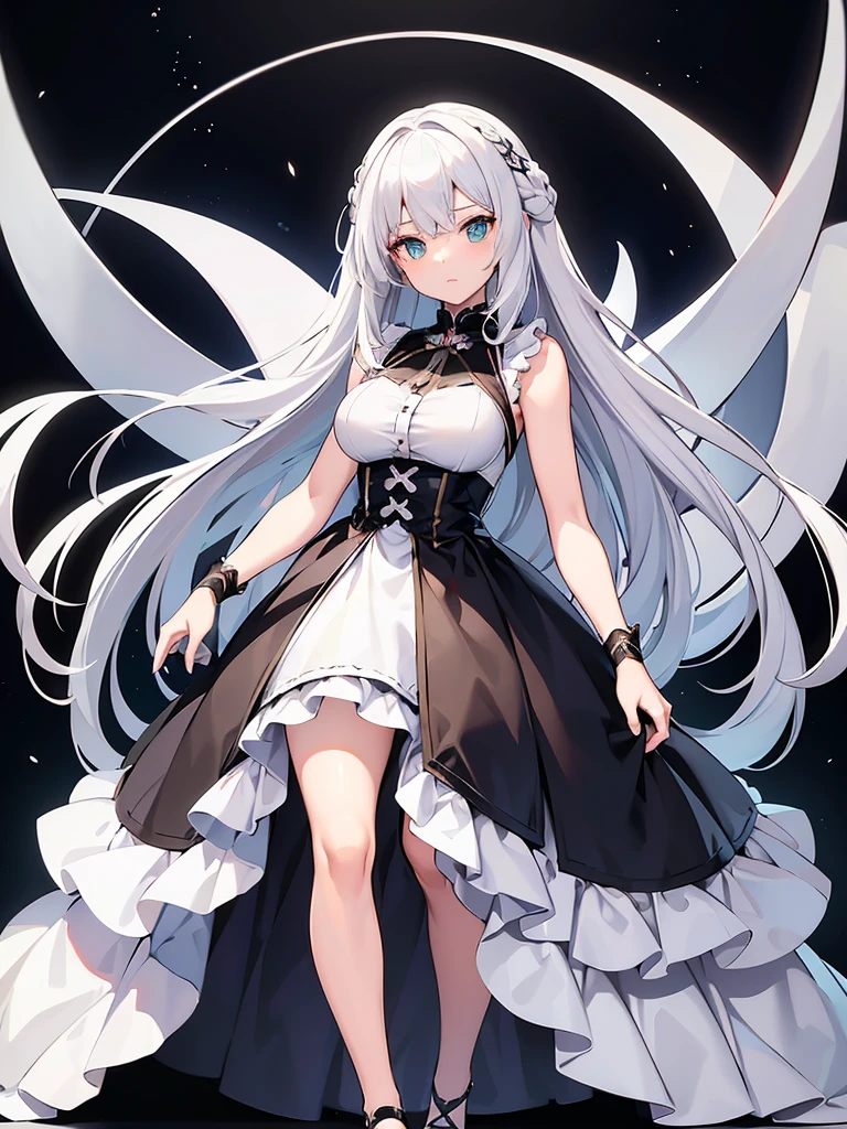 Masterpiece, ultra detailed illustration, ultra detailed, one girl, pitch black background, full body, standing, face and eyes ultra detailed, anime character with long white hair and black dress, god with white hair, from arc knights, cute anime wife in nice dress, white hair, in dress, trending art station on pixiv,. Girls Frontline, white hair, official character art, perfect girl with white hair, white haired woman, (shining sharp emerald eyes), dress is sleeveless, (perfect hands)