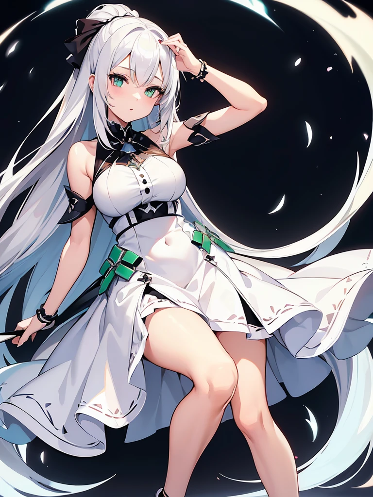 Masterpiece, ultra detailed illustration, ultra detailed, one girl, pitch black background, full body, standing, face and eyes ultra detailed, anime character with long white hair and black dress, god with white hair, from arc knights, cute anime wife in nice dress, white hair, in dress, trending art station on pixiv,. Girls Frontline, white hair, official character art, perfect girl with white hair, white haired woman, (shining sharp emerald eyes), dress is sleeveless, (perfect hands)