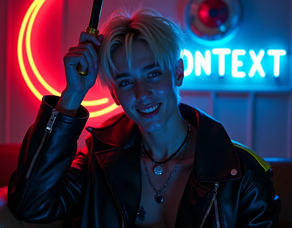 male fashion model,181cm tall, 22 years, pale skin, blue eyes, short hair, platinum blond hair, messy hair, side swept bangs, black leather jacket with yellow and bright blue accents, holding a dagger up:1.2, dark lighting, in luxury BDSM room, evil smiling expression, neon red crescent moon and blue neon sign in background that says "CONTEXT":1.1