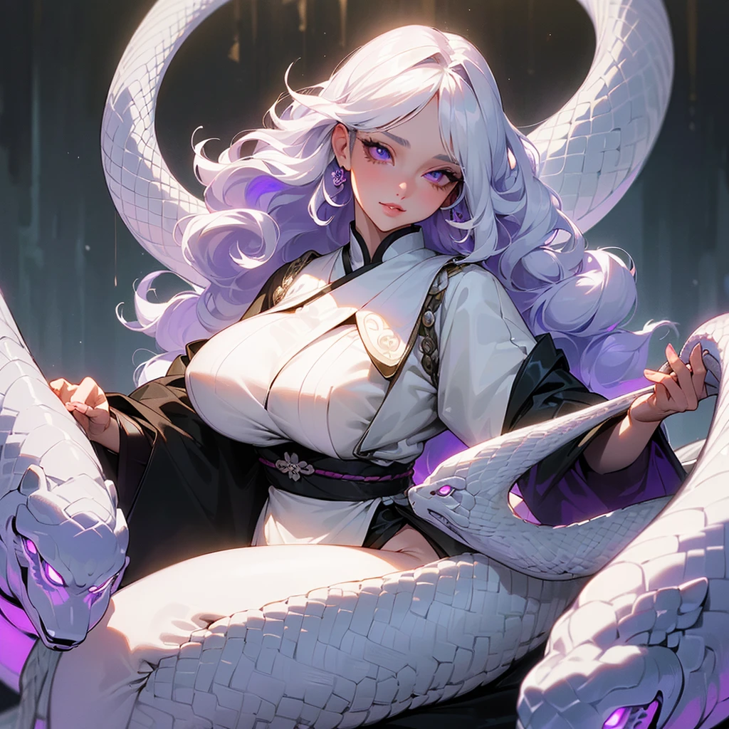 ((ultra quality)), ((masterpiece)), ((Samurai)), ((sensual)), ((Angelic beauty woman)), ((long white curly hair)), ((White hair)), ((White hair)), ((curly hair)),  (beautiful face), (beautiful female lips), Enchanting ((Seductive facial expression)), looks at the camera with a slight smile, (White skin color), (White skin), glow on the body, ((detailed eyes)), ((Next to a large white snake)), ((next to a wolf)), ((violet eyes)), (juicy female lips), (dark eyeliner), (beautiful female hands), ((thick body)), ideal female body, ((Year 1920)), beautiful waist, beautiful big hips, big breasts, thick thighs, ((threatening and beautiful)) (), ((depth of field)), ((high quality clear image)), (delete details), ((High detail)), ((clear focus))
