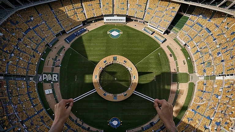 "A football field with the flag of Brazil occupying much of the scenery, with a golden World Cup trophy shining in the center. At the top, the text in large and flashy letters: 'BRAZIL: THE ONLY UNDEFEATED IN ALL CUPS!' At the bottom, a mosaic of small images of several Cups, highlighting the maracanã and the cup in the hands of Brazilian players over the years."