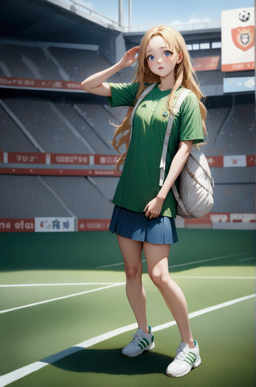 realistic anime illustration of adorable blonde young woman at soccer stadium, carrying white backpack, she has a long hair and forehead, she wearing green soccer t-shirt, blue denim tube mini skirt, white sneakers (1girl, solo, full body), (masterpiece, best quality, japanese anime style), (expressive eyes, perfect face)