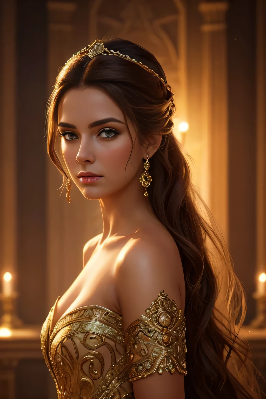 a beautiful woman, face perfect, detailedeyes, seductive expression, luxurious hair, natural beautiful,4th century elegant costume, Attractive posing, dramatic lighting, film composition, swirly vibrant colors, fantasy art style, photorrealistic, 8k, best qualityer, work of art
