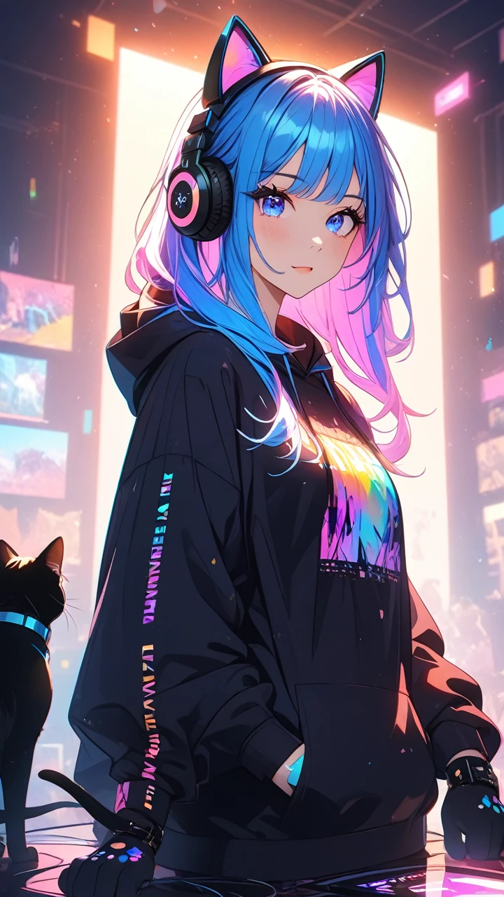 masterpiece,bestquality,superwideangle,fingeraudience,1girl,cat paws gloves, cat headphones,hoodie,pinkandbluehair,hand,cuteanimeface,masterpiece,transparentcolorPVCclothing,transparentcolorvinylclothing,halfbody,glitchlump}onface,cat mouth,mediumhair,filmgrain,lens_flare,colorful,chromaticaberration,dynamicpov,Intenseemotionalexpression:death,glitchart,ultra-detailed,extremelydelicateandbeautiful,albumcover,album,albumdescription,Pixilationonface,Doubleexposure,ChromaticAberration,Lightleaks,Noiseandgrain,Colordegradation,Glitchlettering,art,abstractart,geometry,clearlines,squares,bright,limitedpalette,{canonicalcomposition},neatdiagonalstripedbackground,{{bluewithwhitestripedbackground}},{limitedpalette},flatcolored,blueandwhite,