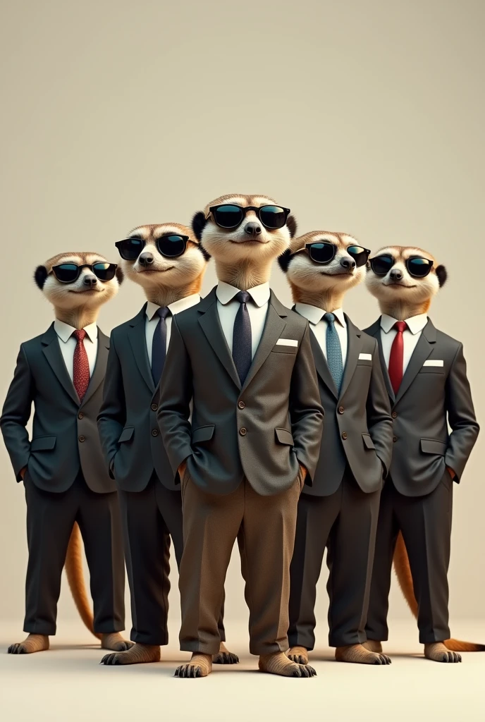 8 meerkats in suits and sunglasses