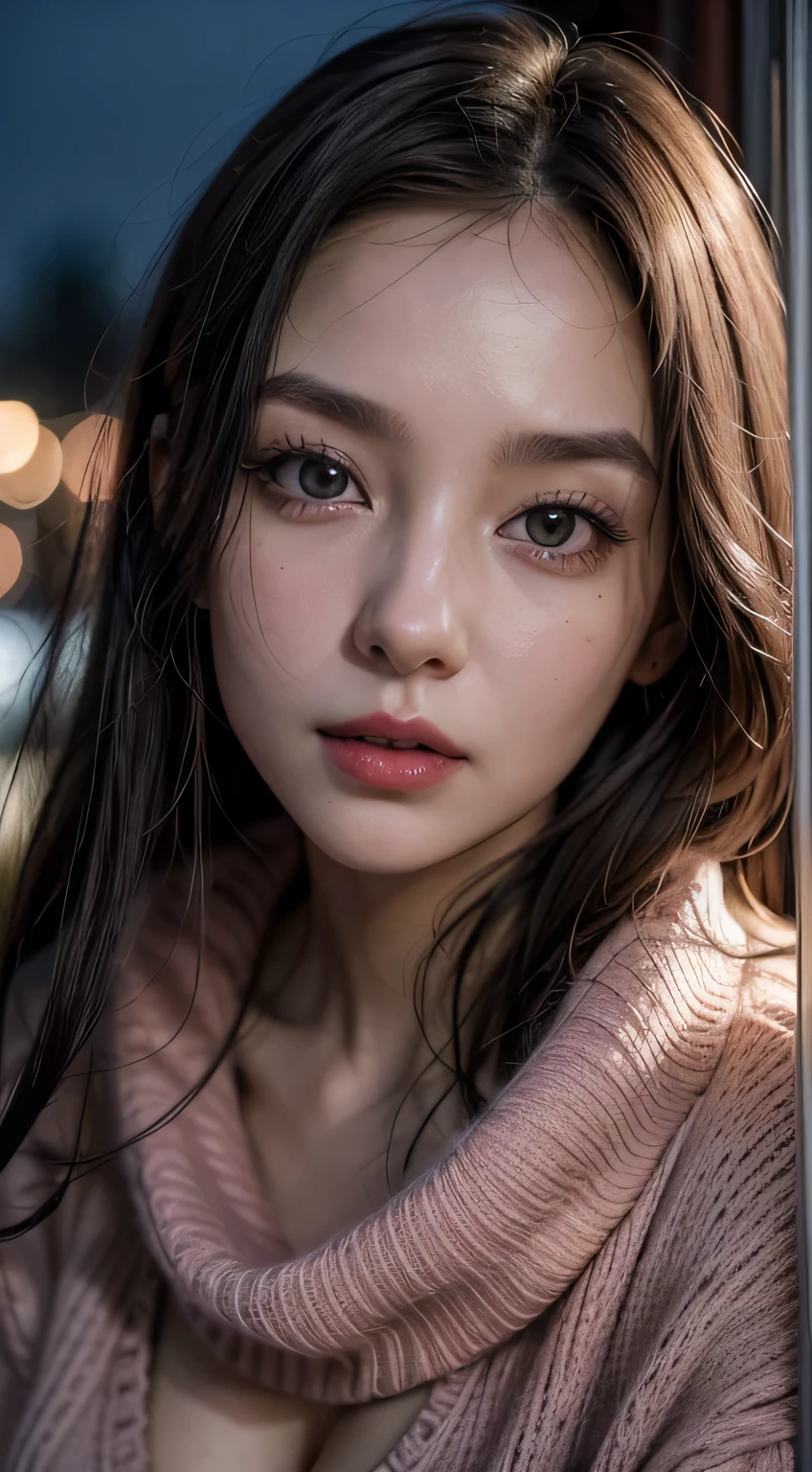 Amazing portrait of a woman who is 30 years old and an adult and a sexy neighbour next door wearing a loose oversized pink sweater during night time with soft lighting showcasing her red lips and her beautiful face in detail and close up