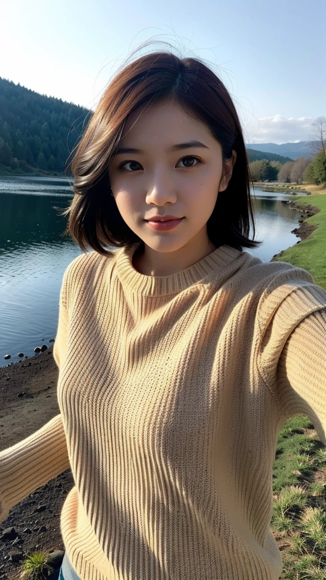 1 woman ((Upper part of the body selfie, happy)), masterpiece, Best Quality, ultra detailed, Alone, outdoor, (evening), mountains, nature, (stars, officer) happy, happy, schoolbag, sleeping bag, camping stove, Water bottle, Mountain boots, gloves, sweater, has, flashlight, forest, rocks, river, wood, smoke, darkness, contrast, clear sky, analog style (look at the viewer:1.2) (skin texture) (film grain:1.3), (warm tone, warm tone:1.2), close up, cinematic light, side lighting, ultra high resolution, best shadow, raw, Upper part of the body, wearing sweater