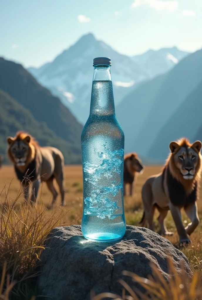 create an image with a bottle of water surrounded by lions in the mountain range
