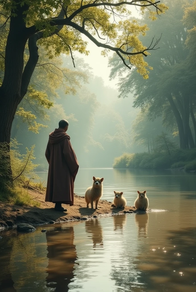 The disciple walked near the pond some animals had walked across and the lake water was muddy