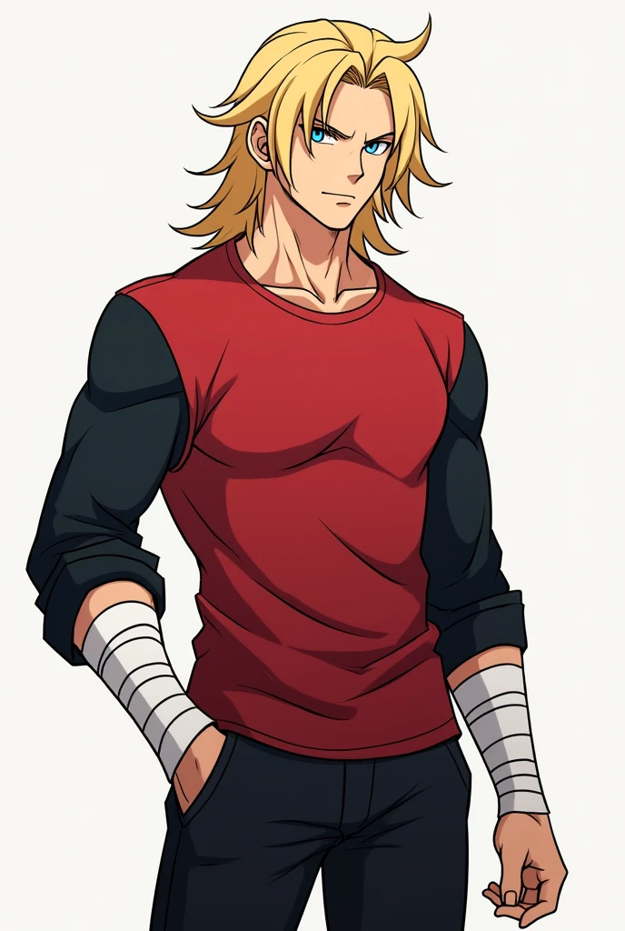 styled: アニメ, inspired by the Knights of the Zodiac.
body hair: blond, with a cut similar to Seiya's, but with a more pronounced tuft. The hair should have a slight upward movement., giving a more relaxed air.
eyeballs: blue, expressive and with an intense shine.
vestimentas:
Base: Red cotton t-shirt, tight to the body and long sleeves male character Put white bands on the forearm leaving only the fingers showing and a black shirt Over the red shirt and Increase the muscles The black shirt should be overlapped over the red shirt The long-sleeved red shirt goes underneath and the short-sleeved black shirt goes on top as an overlap The shirt has long sleeves The shirt has long sleeves And there are 2 pieces of clothing the bottom shirt is red and the top is black I am one of the