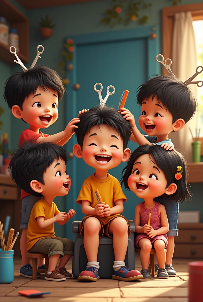 Masayang simpleng kabataan na ginugupitan ang buhok at may maraming mga gunting at suklay sa ulo