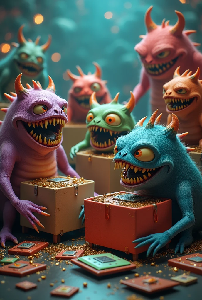 get me a image of surprise boxes from which monsters are coming out and they are sitting and eating AMD Processors