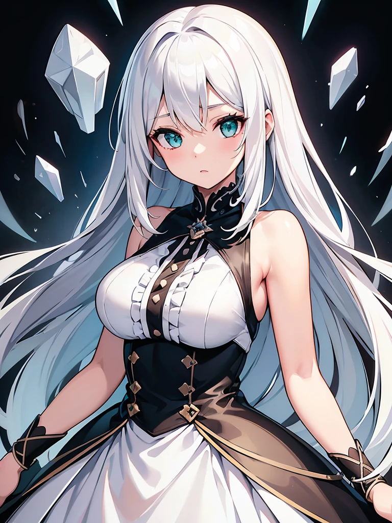 Masterpiece, ultra detailed illustration, ultra detailed, one girl, pitch black background, full body, standing, face and eyes ultra detailed, anime character with long white hair and black dress, god with white hair, from arc knights, cute anime wife in nice dress, white hair, in dress, trending art station on pixiv,. Girls Frontline, white hair, official character art, perfect girl with white hair, white haired woman, (shining sharp emerald eyes), dress is sleeveless, (perfect hands)