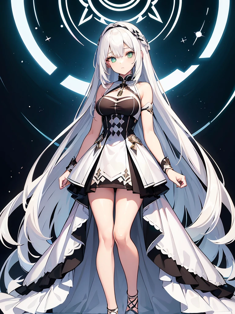 Masterpiece, ultra detailed illustration, ultra detailed, one girl, pitch black background, full body, standing, face and eyes ultra detailed, anime character with long white hair and black dress, god with white hair, from arc knights, cute anime wife in nice dress, white hair, in dress, trending art station on pixiv,. Girls Frontline, white hair, official character art, perfect girl with white hair, white haired woman, (shining sharp emerald eyes), dress is sleeveless, (perfect hands)