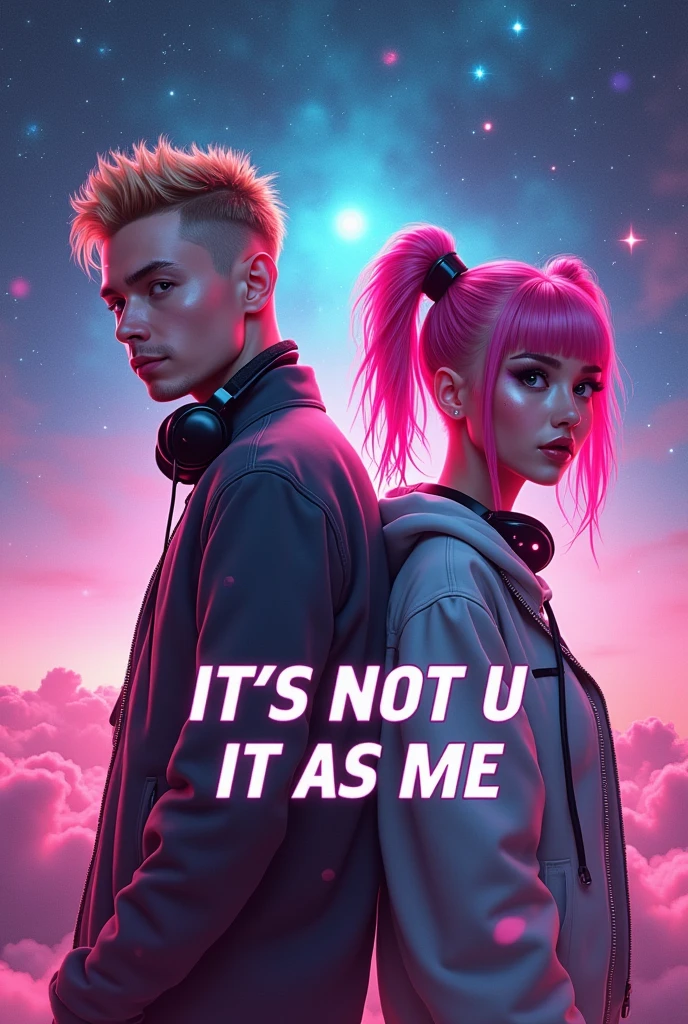 A layer of "IT'S NOT U IT'S ME" presents DJ Tyde West white American male, hair blonde, with shaved sides and friendly face, jacket and headphones, and Japanese singer Sakura Rina with pink hair in space buns. The vibrant and dynamic background, back to back