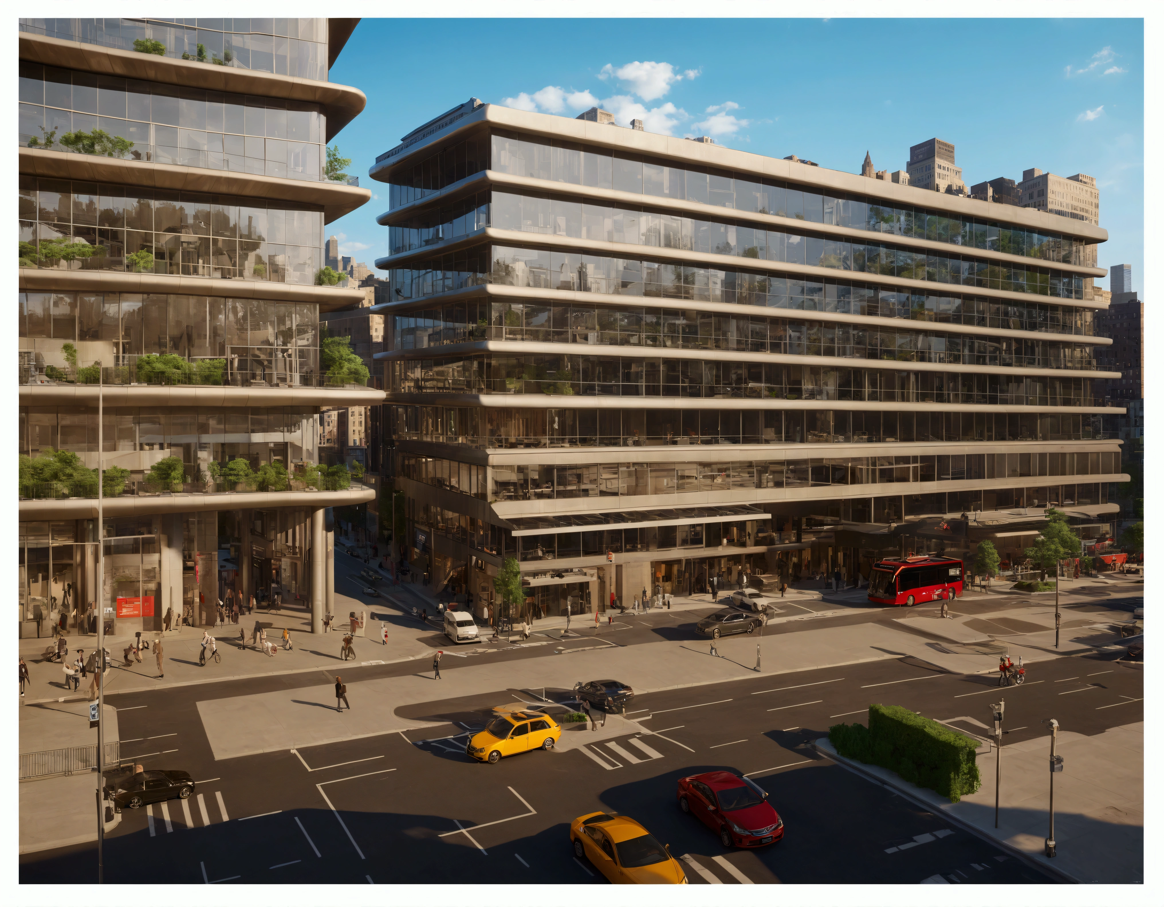 there are many cars and buses on the street in the city, sharp hq rendering, a digital rendering, rendered in corona, a photorealistic rendering, detailed rendering, artistic render, wide angle exterior 2022, a hyper realistic, exterior shot, postprocessed), ny, insanely detailed rendering, architectural rendering, from street level, by Heinz Edelman, mantra rendering, Ultrarealistic Photography, trending on Flickr, trending on pinterest, insanely detailed and intricate, Lifelike, Authentic, True-to-life, Genuine, Natural, Cinematic Lighting, Dramatic, Theatrical, Atmospheric, Evocative, Mood-setting, Award Winning Photography, Acclaimed, Recognized, Celebrated, Honored, Prize-winning, Sharp Focus, Crisp, Clear, Precise, Well-defined, Distinct, Masterpiece Photography, Iconic, Exceptional, Extraordinary, Stunning, Magnificent, Studio Photography, Controlled, Polished, Professional, Refined, Perfected, Nikon, High-quality, Reliable, Durable, Precision-engineered, Cutting-edge, No Filter Photography, Natural-looking, Unedited, Raw, Authentic, True-to-life, 8K Photography, High-resolution, Crystal-clear, Ultra-detailed, Immersive, Cutting-edge, Realistic Skin Texture, Lifelike, Natural-looking, Authentic, True-to-life, Genuine, Photorealistic, Hyper-realistic, True-to-life, Natural-looking, Authentic, Realistic, Hyper Realism, Ultra-detailed, Intensely realistic, Extremely lifelike, Highly precise, Stunningly accurate, Highly Detailed, Intricate, Elaborate, Meticulous, Comprehensive, Thorough, Flattering, Intimate, Personal, Impressive, Captivating, Professional Studio Lighting, Expertly lit, Skillfully crafted, Perfectly balanced, Impeccably executed, Artfully arranged, Million dollar Photoshoot, Memorable.