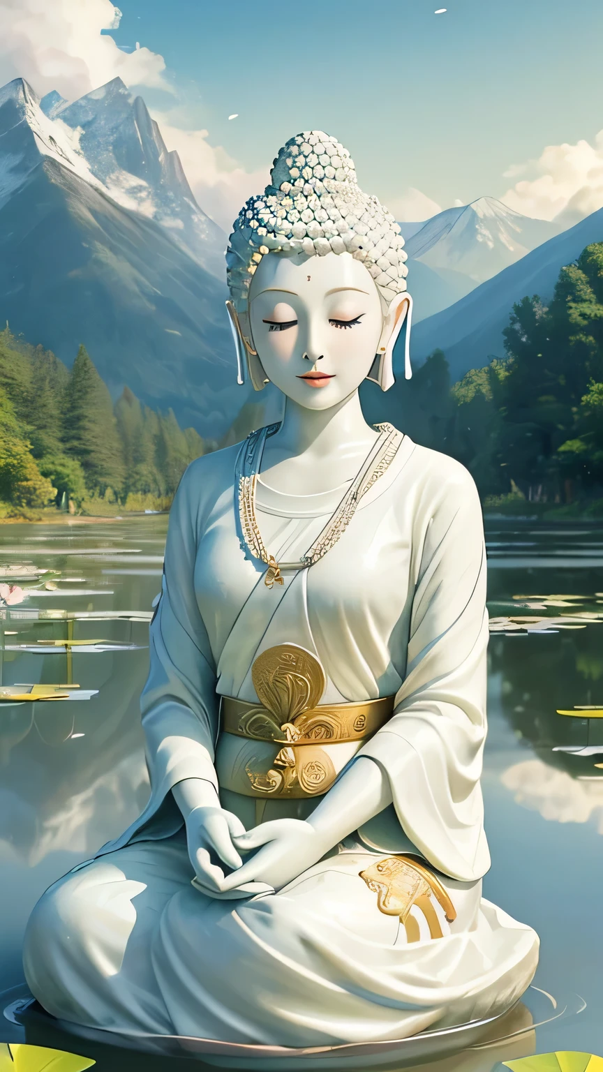 (Masterpiece),(Best quality),(Ultra-detailed), (Body:1.2), 1 Buddha statue, floating in a powerful zen state. White skin, Amitayus, sitting on a lotus flower, Chant the Buddha's name with both hands, temples, wearing an outfit, White skin, face round, kind, gentle, look, Mountains, green trees,stream,sunset light YELLOW, falling petals, forest, Birds, Clouds, dew, En plein air, Bright, fresh, Green, White skin, (Beautiful detailed face), (Eyes closed), (surrealism),