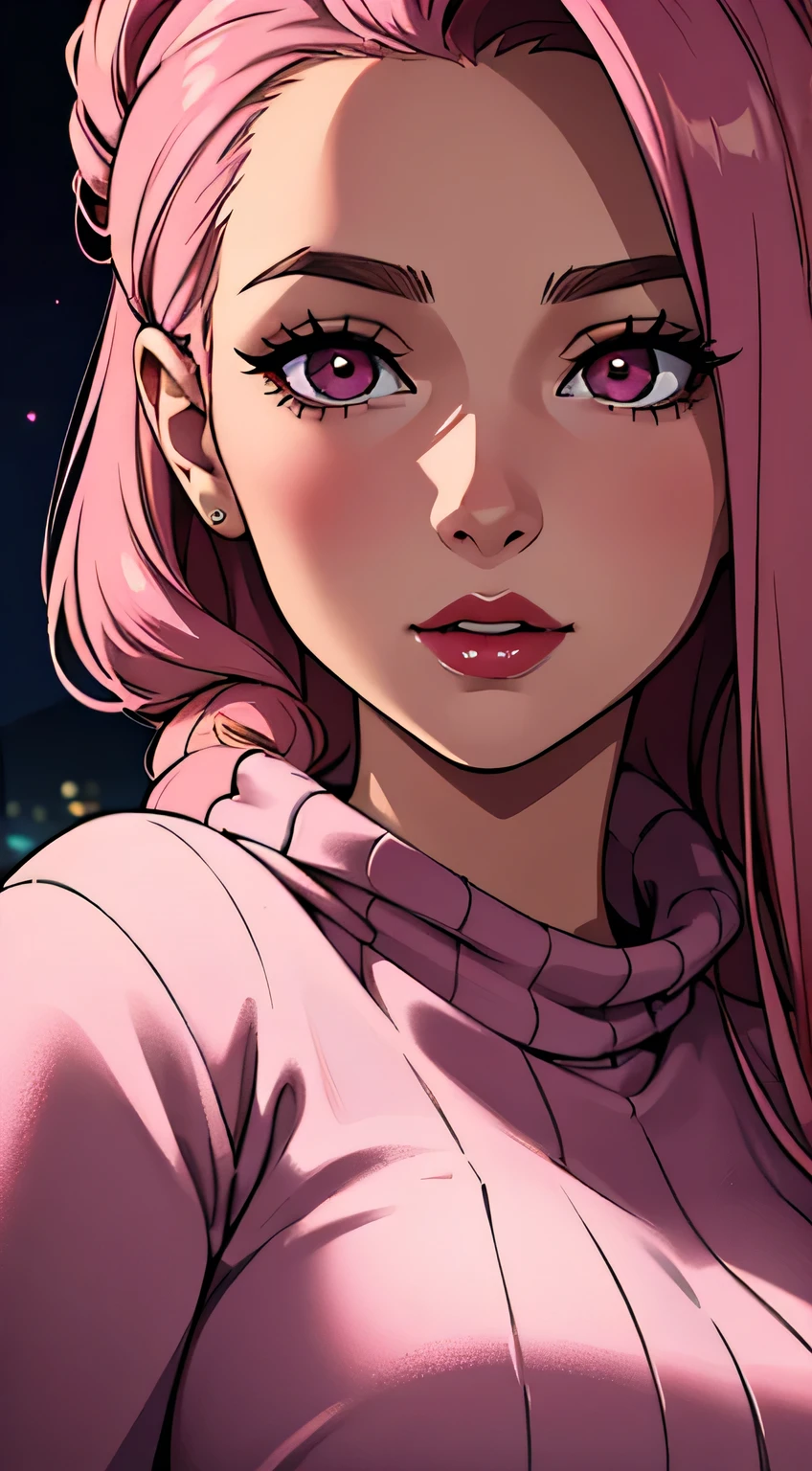 Amazing portrait of a woman who is 30 years old and an adult and a sexy neighbour next door wearing a loose oversized pink sweater during night time with soft lighting showcasing her red lips and her beautiful face in detail and close up