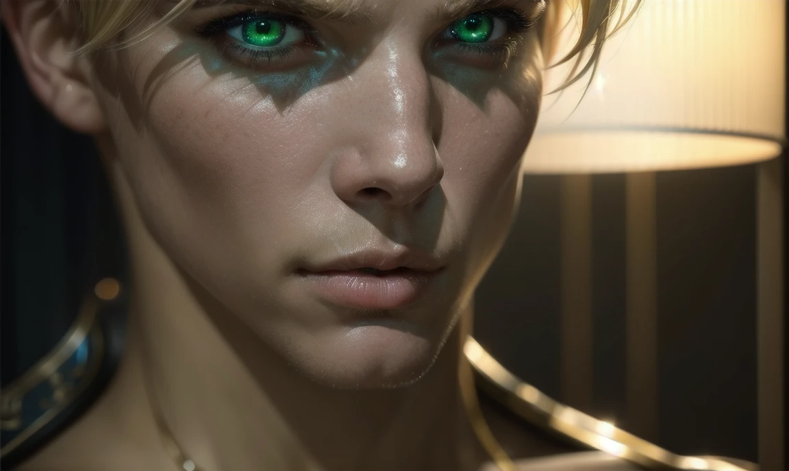 [((highly detailed, detailed eyes, detailed face, clear and realistic facial features, photorealistic, realistic light, cinematic)), (1 man), Gorgeous and sexy and powerful masculine male angel with large wings, ((short blond hair, green eyes)), (((aura of divine power))), standing in a cozy apartment at nighttime, ((light blush)), (((wearing an indignant expression)))]