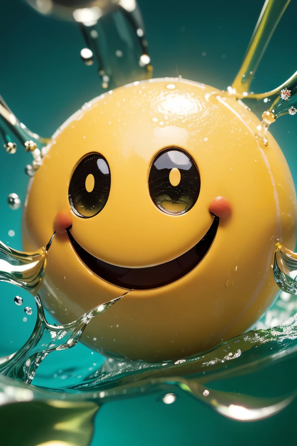 The image shows a close-up of a yellow smiley face floating in a drop of water. The water drop is large and round, and the smiley face is not in the center of it. A drop of water is suspended in mid-air, with several smaller drops dripping from it. The background of the image is blurred, but appears to be green, suggesting that the image was taken outdoors. The image is well lit, and the colors are vibrant. The image is a playful and upbeat representation of happiness and optimism.
