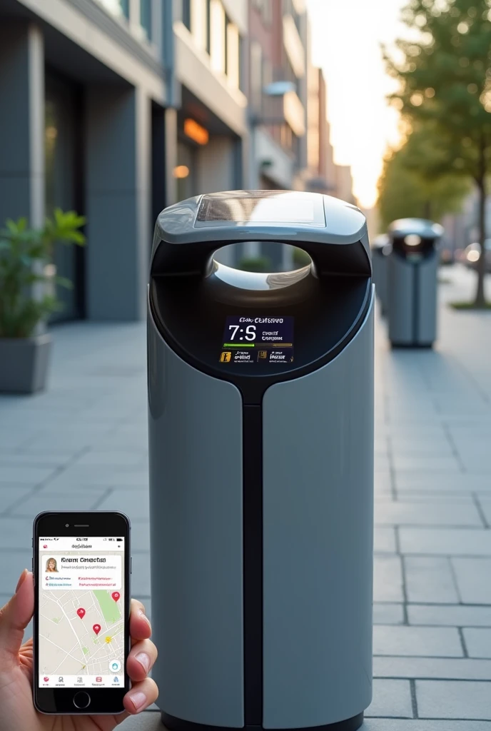 a smart trash can from SmartTrash. The trash can is sleek and futuristic, with a minimalist design and a visible solar panel on top. In the trash can display, there is a digital interface that shows the filling level and the categories of waste detected (Organic, recyclable, não recyclable). No fundo, the city is clean and organized, with other smart bins visible in the distance, highlighting system integration. To the left of the image, the SmartTrash mobile app is on a smartphone, displaying a map with nearby trash cans and a notification of "Points earned for recycling!".