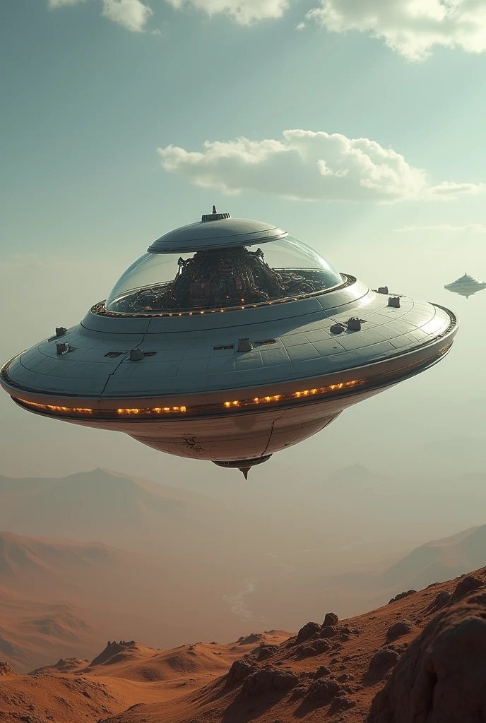 Flying saucer with raised hood showing its engine