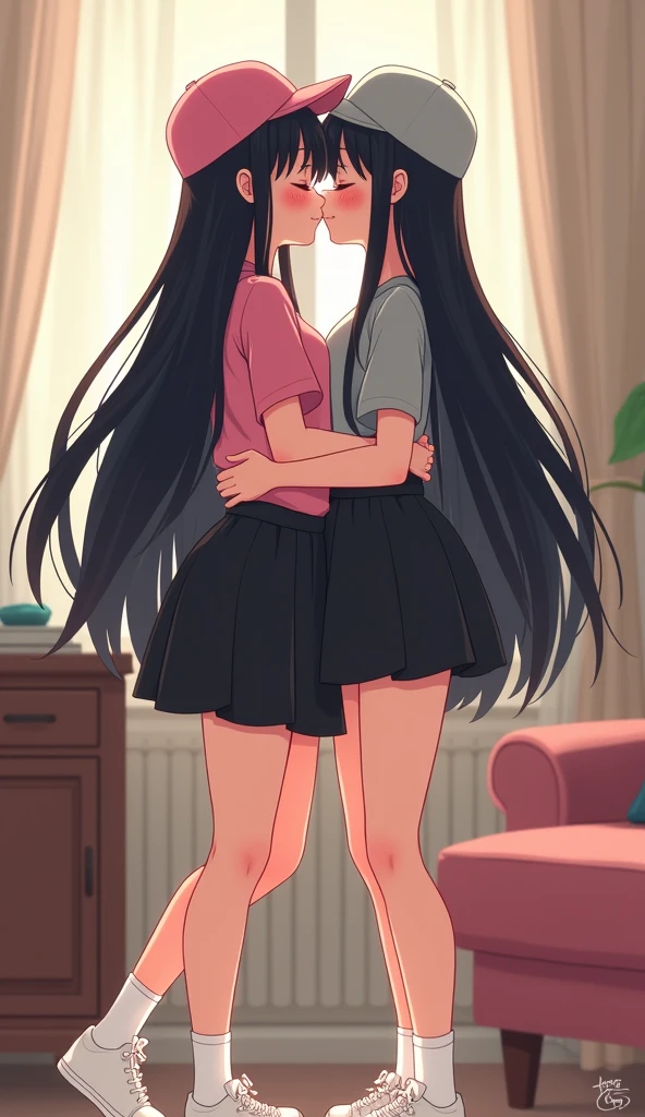 Two womens long black hairs, yuri,
(The first women wear a pink shirt, pink cap, black skirts, white socks, white sneakers)
(The second women wore a grey shirt, grey cap, black skirts, white socks, white sneakers)
closed eyes, sensual body, hugging, kissing on the living room, novel cartoon, 4K, HD