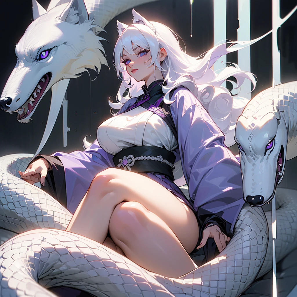 ((ultra quality)), ((masterpiece)), ((Samurai)), ((sensual)), ((Angelic beauty woman)), ((long white curly hair)), ((White hair)), ((White hair)), ((curly hair)), (beautiful face), (beautiful female lips), Enchanting ((Seductive facial expression)), looks at the camera with a slight smile, (White skin color), (White skin), glow on the body, ((detailed eyes)), ((Next to a large white snake)), ((next to a wolf)), ((violet eyes)), (juicy female lips), (dark eyeliner), (beautiful female hands), ((thick body)), ideal female body, ((Year 1920)), beautiful waist, beautiful big hips, big breasts, thick thighs, ((threatening and beautiful)) (), ((depth of field)), ((high quality clear image)), (delete details), ((High detail)), ((clear focus))